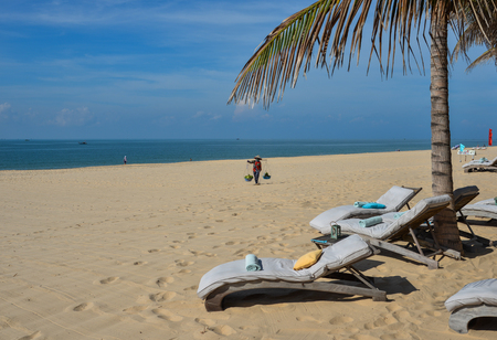 Phan Thiet, Vietnam - May 16, 2018. Relaxing chairs at the seaside luxury resort in Mui Ne Town, Phan Thiet, Vietnam.のeditorial素材