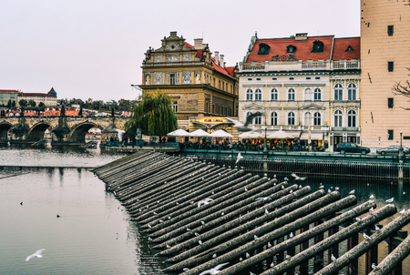 Prague, Czech - Oct 26, 2018. Cityscape of Prague and Vltava river. Prague (Praha) is home to a number of well-known cultural attractions.のeditorial素材