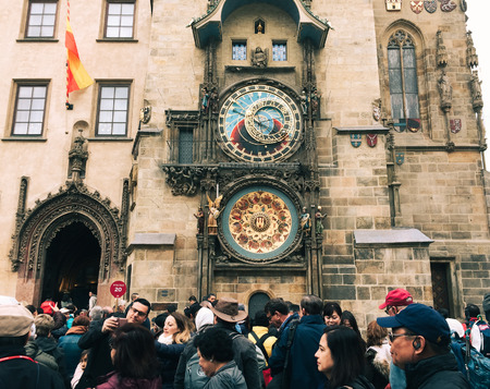 Prague, Czech - Oct 23, 2018. The Prague Astronomical Clock (or Orloj). The clock was first installed in 1410, making it the third-oldest astronomical clock in the world.のeditorial素材