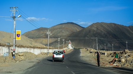 Ladakh, India - Jul 16, 2015. Mountain road of Ladakh, Northern India. Ladakh is the highest plateau in India with much of it being over 3,000 m.のeditorial素材