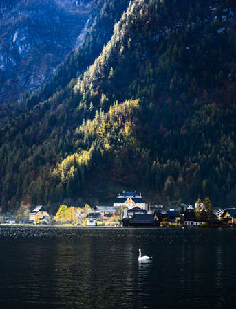 Beautiful Hallstatt Village with the mountain lake in sunny day. Hallstatt is a charming lakeside...