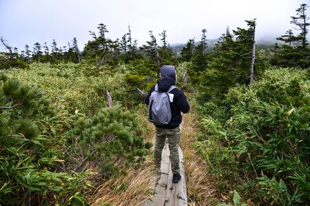A man hiking on Hakkoda Mountains in Aomori, Japan. Hakkoda is one of the best fall destinations in...