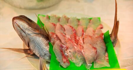 Small trays of fish and other seafood to make nokkedon or sashimi at traditional Furukawa Fish...