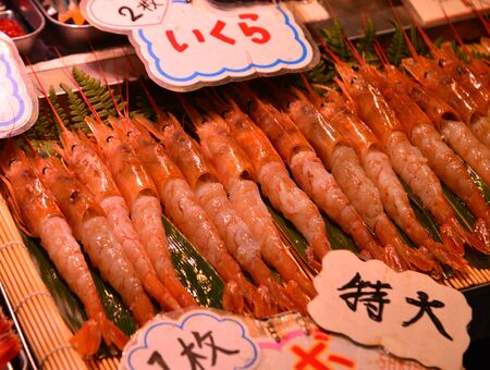 Aomori, Japan - Nov 4, 2019. Small trays of fish and other seafood to make nokkedon or sashimi at traditional Furukawa Fish Market in Aomori, Japan.のeditorial素材
