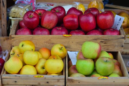 Aomori, Japan - Nov 4, 2019. Fresh apple fruits for sale at street market in Aomori, Japan. Aomori apple is one of the most delicious apples in Japan.のeditorial素材