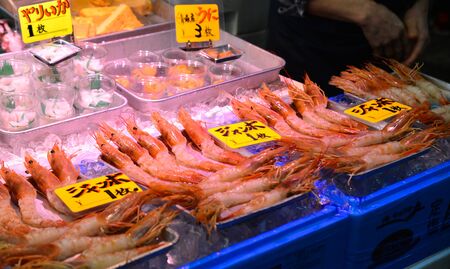 Aomori, Japan - Nov 4, 2019. Small trays of fish and other seafood to make nokkedon or sashimi at traditional Furukawa Fish Market in Aomori, Japan.のeditorial素材