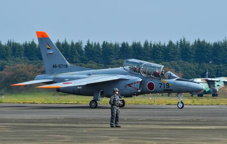 Saitama, Japan - Nov 3, 2019. Kawasaki T-4 of Air Self Defence Force (JASDF) docking for display at Iruma Air Base (RJTJ) in Saitama Prefecture, north of western Tokyo, Japan.のeditorial素材