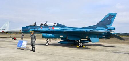 Saitama, Japan - Nov 3, 2019. Mitsubishi F-2B of Air Self Defence Force (JASDF) docking for display at Iruma Air Base (RJTJ) in Saitama, north of Tokyo, Japan.のeditorial素材