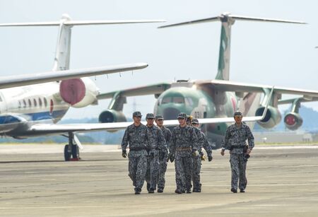 Saitama, Japan - Nov 3, 2019. Air crew of Japan Air Self Defense Force (JASDF) working at airfield...