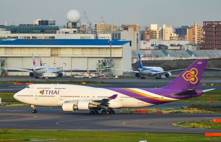 Tokyo, Japan - Nov 2, 2019. HS-TGP Thai Airways Boeing 747-400 taxiing on runway of Tokyo Haneda Airport (HND). Haneda handled 87,098,683 passengers in 2018.のeditorial素材