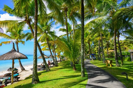 Grand-Baie, Mauritius - Jan 4, 2017. Eco seaside resort with coconut garden on Mauritius Island. Mauritius is one of the best destinations,  known for its beaches, lagoons and reefs.のeditorial素材