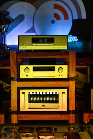Saigon, Vietnam - Sep 29, 2019. Midrange hifi system with the amplifier for display at the store in downtown of Saigon (Ho Chi Minh City), Vietnam.のeditorial素材