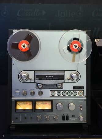 Saigon, Vietnam - Sep 29, 2019. Turntable vinyl record player for sale at the audio shop in downtown of Saigon, Vietnam.のeditorial素材