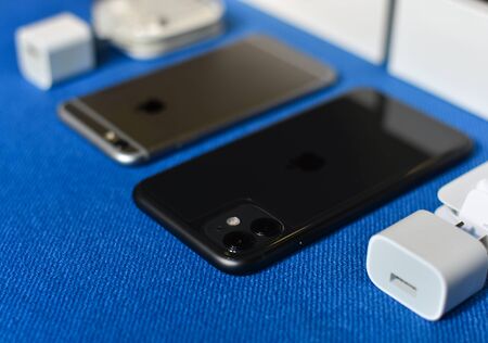 Saigon, Vietnam - Jan 14, 2020. Set of Apple smartphone (iPhone 6 & 11) for display at the store in...