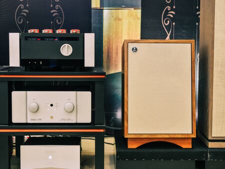 Saigon, Vietnam - Sep 29, 2019. Midrange hifi system with the amplifier for display at the store in downtown of Saigon (Ho Chi Minh City), Vietnam.のeditorial素材