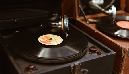 Saigon, Vietnam - Sep 29, 2019. Turntable vinyl record player for sale at the audio shop in downtown of Saigon, Vietnam.のeditorial素材