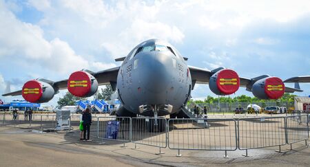 Singapore - Feb 12, 2020. Boeing C-17 Globemaster III of US Air Force for display in Changi,...
