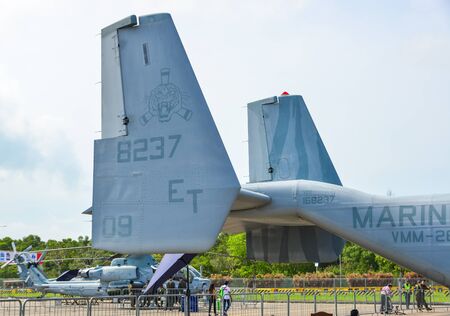 Singapore - Feb 12, 2020. Bell Boeing V-22 Osprey of US Marine Corps for display in Changi, Singapore. Defense costs are increasing, especially in East Asia.のeditorial素材