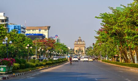 Vientiane, Laos - Jan 29, 2020. Lan Xang main street of Vientiane, Laos PDR. Vientiane is the capital and largest city of Laos, on the banks of the Mekong River.のeditorial素材