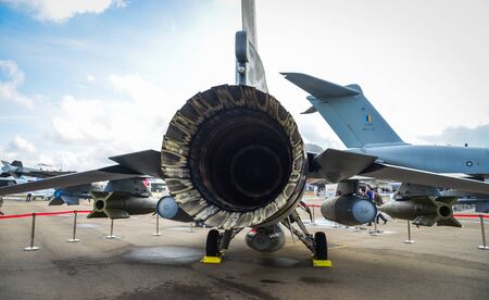 Singapore - Feb 12, 2020. General Dynamics F-16 Fighting Falcon of Singapore Air Force for display in Changi Air Base.のeditorial素材