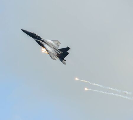 Singapore - Feb 12, 2020. McDonnell Douglas F-15E Strike Eagle of Singapore Air Force flying for...