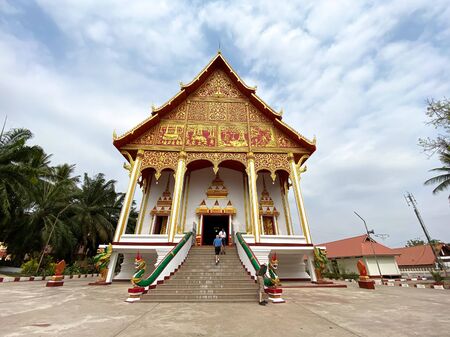Ancient Buddhist pagoda in Vientiane, Laos. Lao Buddhism is a unique version of Theravada Buddhism and is at the basis of ethnic Lao culture.の写真素材