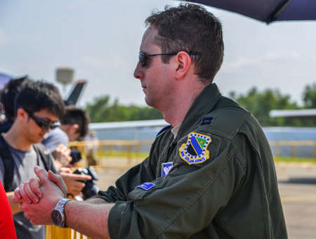 Singapore - Feb 10, 2018. US Air Force soldiers with military aircrafts in Changi, Singapore....