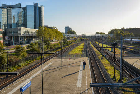 Amsterdam, Holland - Oct 7, 2018. Empty platform of railway station in downtown. The railway network of Amsterdam totals 3,223 route km on 6,830 kilometres of track.のeditorial素材