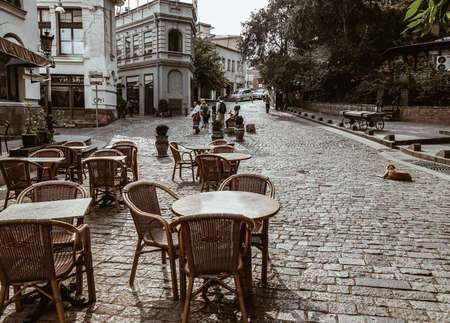 Tbilisi, Georgia - Sep 22, 2018. Outdoor coffee shop at old town of Tbilisi, Georgia. Tbilisi is Georgia ancient and vibrant capital city spreads out on both banks of the Mtkvari River.のeditorial素材