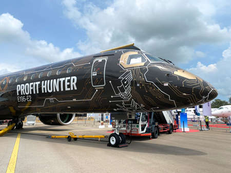 Singapore - Feb 12, 2020. Embraer E195-E2 Profit Hunter standing for display in Singapore Changi Air...