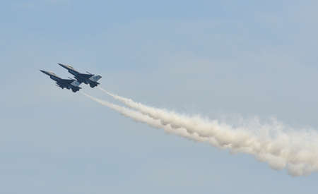 Singapore - Feb 10, 2018. RSAF General Dynamics F-16 Fighting Falcon flying on display near Changi Air Base, Singapore.のeditorial素材