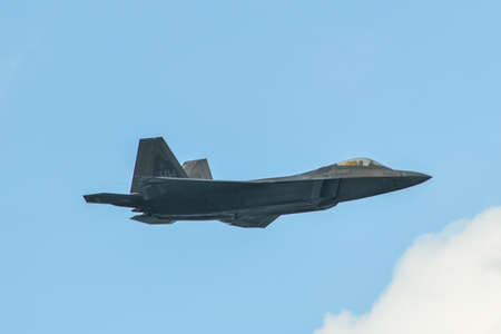 Singapore - Feb 12, 2020. USAF Lockheed Martin F-22 Raptor flying for display in Changi, Singapore....