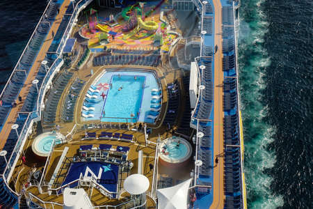 Shanghai, China - Jun 4, 2019. Aerial view of Spectrum of the Seas by Royal Caribbean in sunny day....