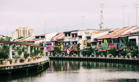 Melaka, Malaysia - Aug 19, 2014. Ancient houses with canal in Melaka, Malaysia. Melaka (Malacca) is one of the most popular tourist destinations within Malaysia.のeditorial素材
