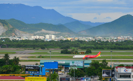 Da Nang, Vietnam - Jul 23, 2018. Aerial view of Da Nang Airport (DAD), Vietnam. Da Nang Airport is...