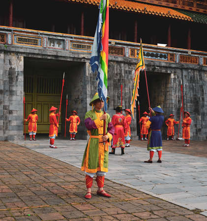 Hue, Vietnam - Jul 21, 2018. The royal guards parade marching to the Hue Imperial City (The Citadel) for change of guards cermony.のeditorial素材