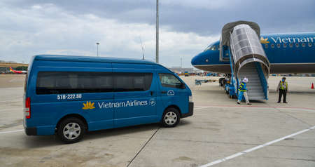 Da Nang, Vietnam - Jul 23, 2018. Vietnam Airlines airplane docking at Da Nang Airport (DAD),...