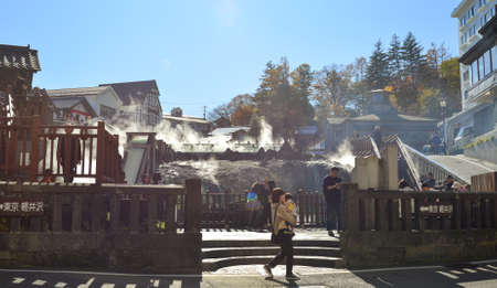 Gunma, Japan - Nov 8, 2019. Yubatake (Hot Water Field) of Kusatsu Onsen in Gunma, Japan. Kusatsu Town is one of Japan most famous hot spring resorts for centuries.のeditorial素材