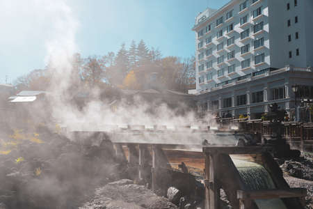 Gunma, Japan - Nov 8, 2019. Yubatake (Hot Water Field) of Kusatsu Onsen in Gunma, Japan. Kusatsu...