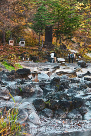 Gunma, Japan - Nov 8, 2019. Yubatake (Hot Water Field) of Kusatsu Onsen in Gunma, Japan. Kusatsu Town is one of Japan most famous hot spring resorts for centuriesのeditorial素材