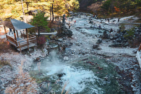Gunma, Japan - Nov 8, 2019. Hot water pond at Kusatsu Onsen in Gunma, Japan. Kusatsu Town is one of Japan most famous hot spring resorts for centuries.のeditorial素材