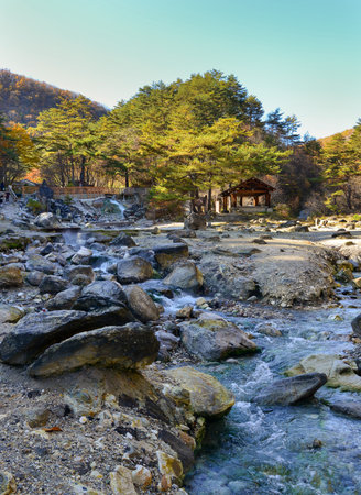 Hot water pond at Kusatsu Onsen in Gunma, Japan. Kusatsu Town is one of Japan most famous hot spring resorts for centuries.のeditorial素材