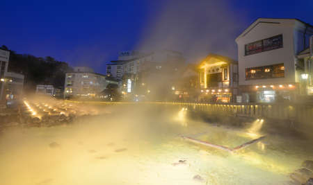 Gunma, Japan - Nov 8, 2019. Night view of Yubatake (Hot Water Field) of Kusatsu Onsen in Gunma, Japan. The town is one of Japan most famous hot spring resorts for centuriesのeditorial素材