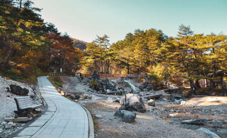 Gunma, Japan - Nov 8, 2019. Hot water pond at Kusatsu Onsen in Gunma, Japan. Kusatsu Town is one of Japan most famous hot spring resorts for centuries.のeditorial素材