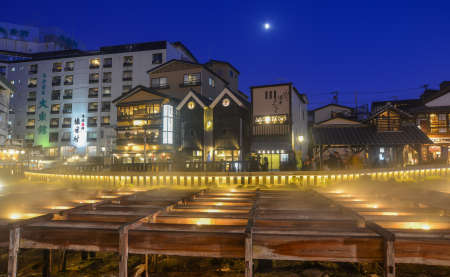 Gunma, Japan - Nov 8, 2019. Night view of Yubatake (Hot Water Field) of Kusatsu Onsen in Gunma, Japan. The town is one of Japan most famous hot spring resorts for centuriesのeditorial素材