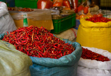 Food and spice shop at rural market in Taunggyi, Myanmar. Taunggyi is the largest city in Shan State, famous for its multi-ethnic markets.の写真素材