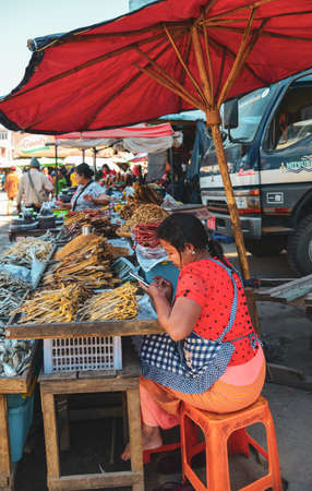 Taunggyi, Myanmar - Feb 8, 2017. Main market of Taunggyi, Myanmar. Taunggyi is the largest city in Shan State, famous for its multi-ethnic markets.のeditorial素材