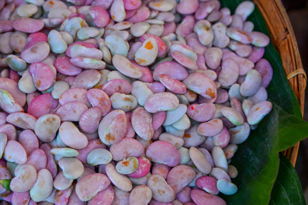 Selling fresh pea at rural market in Taunggyi, Myanmar.の写真素材