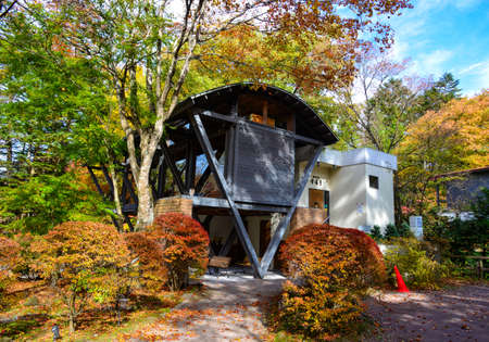 Karuizawa, Japan - Nov 7, 2019. Modern house in Karuizawa, Japan. Karuizawa is a resort in the mountains of Nagano, famous for its autumn nature.のeditorial素材
