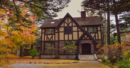 Beautiful countryside house in Karuizawa, Japan. Karuizawa is an upmarket mountain resort at the foot of the active volcano Mount Asama.のeditorial素材